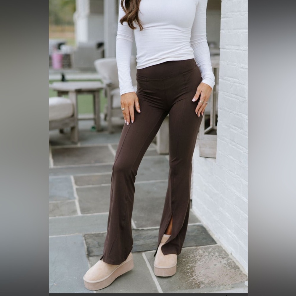 These Three Butter Soft High Waist Flare Leggings w front slits - Espresso - Picture 2 of 7